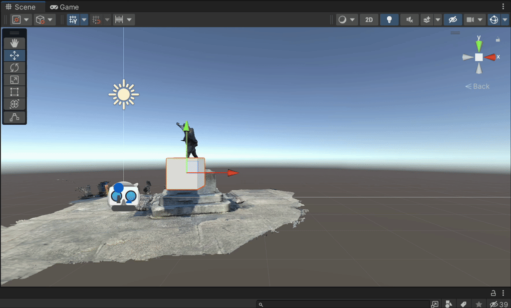 Unity Editor scene showing a cube authored as a child of an ARLocation for a Site mesh workflow