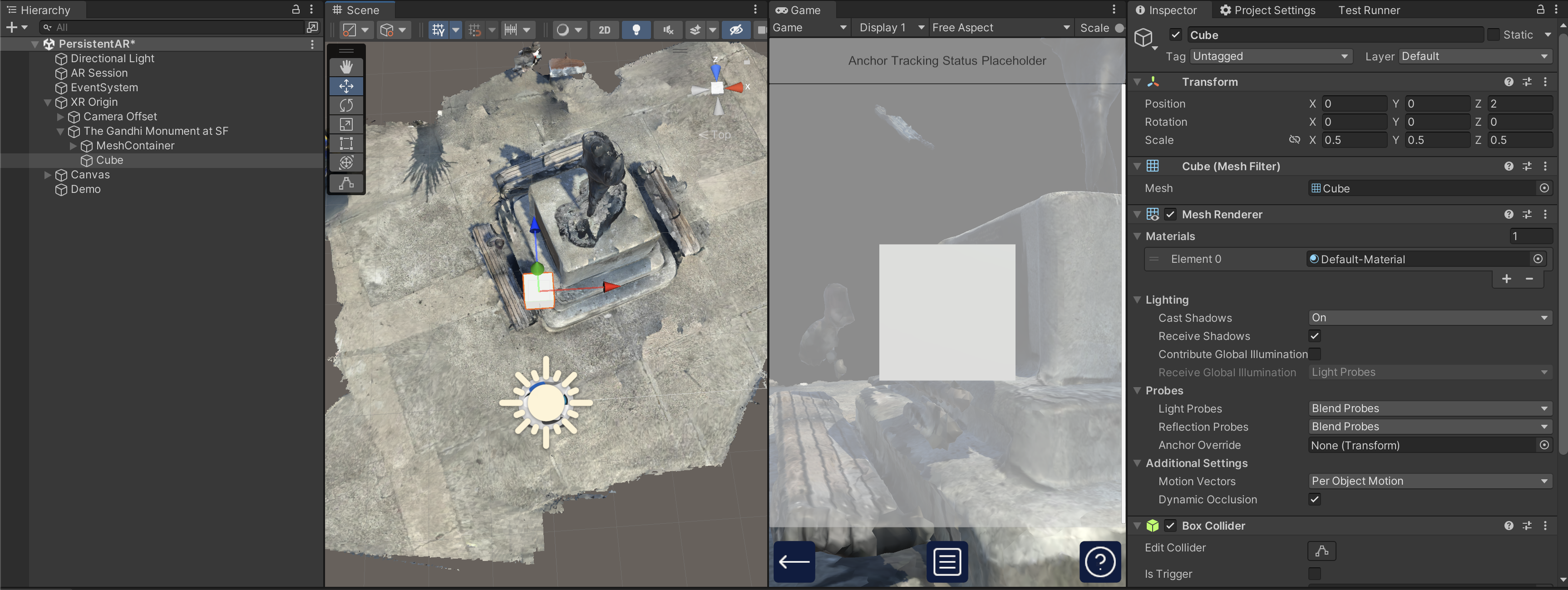 Unity hierarchy and scene view showing content authored under an ARLocation for a Site mesh