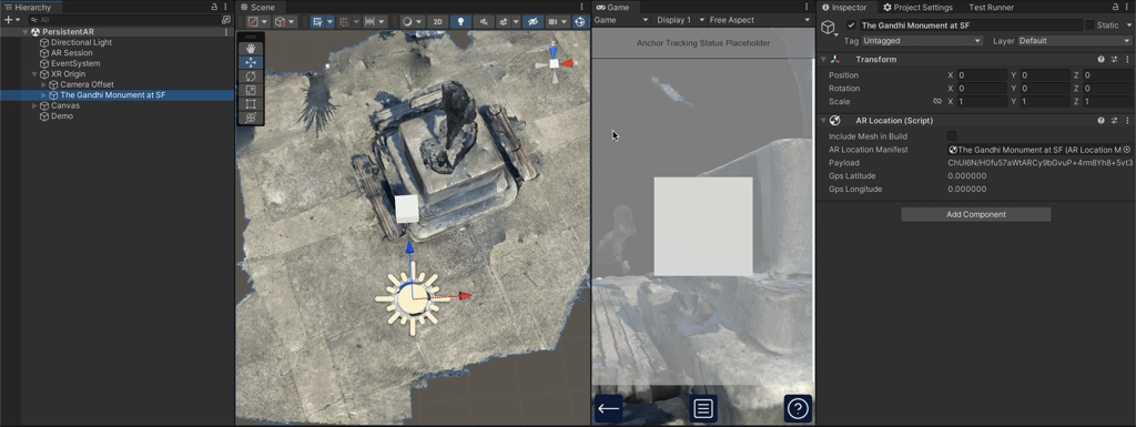 Runtime demo showing content placed under an ARLocation appearing in the correct relative position when the Site is tracked